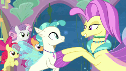 Size: 960x540 | Tagged: safe, screencap, apple bloom, ocean flow, scootaloo, sweetie belle, terramar, seapony (g4), g4, surf and/or turf, animated, boop, cute, cutie mark crusaders, eye contact, eyes closed, female, filly, gif, grin, happy, jewelry, laughing, lidded eyes, looking at each other, male, mama ocean flow, mother and son, motherly, necklace, oceanbetes, open mouth, raised eyebrow, sea-mcs, seaponified, seapony apple bloom, seapony scootaloo, seapony sweetie belle, smiling, species swap, swimming, talking, terrabetes, underwater