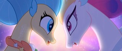 Size: 1917x803 | Tagged: safe, screencap, princess skystar, queen novo, seapony (g4), g4, my little pony: the movie, blue eyes, bubble, bust, crown, cute, duo, eyelashes, eyeshadow, female, glowing, jewelry, like mother like daughter, like parent like child, looking at each other, looking at someone, makeup, mother and daughter, necklace, one small thing, open mouth, pearl necklace, portrait, purple eyes, regalia, seaquestria, seashell, seashell necklace, singing, smiling, smiling at each other, teeth, underwater, water