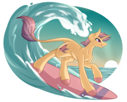 Size: 5389x4327 | Tagged: safe, artist:amazing-artsong, oc, oc only, oc:riptide, pony, unicorn, absurd resolution, leonine tail, male, simple background, smiling, solo, stallion, surfboard, surfing, transparent background, water, wave