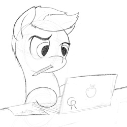 Size: 2048x2048 | Tagged: safe, artist:coloringrainclouds, oc, oc only, pony, computer, high res, laptop computer, male, monochrome, mouth hold, pencil, sketch, solo, stallion, traditional art