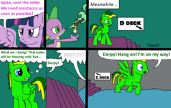 Size: 1000x632 | Tagged: safe, artist:didgereethebrony, derpy hooves, spike, twilight sparkle, oc, oc:didgeree, alicorn, dragon, pegasus, pony, comic:wreck of the renaissance, g4, comic, dragon mail, female, fire, fire breath, flood, flooding, letter, male, mare, sending a letter, sinking, stairs, stallion, twilight sparkle (alicorn), water