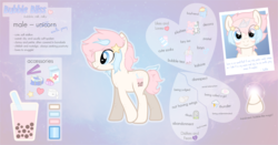 Size: 3435x1802 | Tagged: safe, artist:blissprism, oc, oc only, oc:bubble bliss, pony, unicorn, base used, cute, cutie mark, femboy, gradient background, horn, male, reference sheet, small horn, stallion, vector