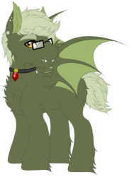 Size: 1347x1815 | Tagged: safe, artist:mourningfog, oc, oc only, bat pony, pony, chest fluff, commission, disguise, disguised siren, fangs, glasses, piercing, simple background, siren necklace, solo, toy, transparent background