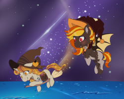 Size: 2735x2202 | Tagged: safe, artist:mourningfog, oc, oc only, bat, pony, unicorn, bow, broom, female, flying, hat, high res, night, night sky, ocean, potions, pumpkin, ribbon, saddle bag, sky, spread wings, stars, wings, witch, witch hat