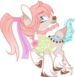 Size: 828x843 | Tagged: safe, artist:mourningfog, oc, oc only, oc:benji, original species, pond pony, beard, facial hair, fawn pond, flower, outfit, ribbon, simple background, solo, transparent background, unshorn fetlocks