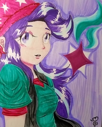 Size: 2610x3236 | Tagged: safe, artist:kenishra, starlight glimmer, human, g4, beanie, clothes, cutie mark, equestria girls outfit, female, hat, high res, humanized, light skin, solo, traditional art, vest