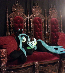 Size: 1500x1672 | Tagged: safe, artist:agatrix, queen chrysalis, alicorn, pony, g4, couch, crossed legs, female, irl, looking at you, lying down, photo, plushie, solo, throne