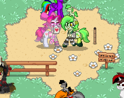 Size: 367x289 | Tagged: safe, oc, oc:food, oc:i ship it, pony, pony town, fence, flower, heart, sign, torch