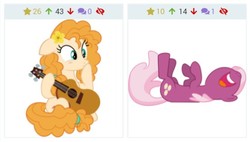 Size: 551x313 | Tagged: safe, artist:themixelfan, cheerilee, pear butter, earth pony, pony, derpibooru, g4, blushing, cheeribetes, cute, duo, female, floppy ears, guitar, juxtaposition, laughing, mare, meta, nose in the air, vector