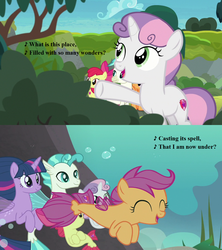 Size: 1200x1350 | Tagged: safe, edit, edited screencap, editor:korora, screencap, apple bloom, scootaloo, sweetie belle, terramar, twilight sparkle, alicorn, fish, pegasus, pony, seapony (g4), g4, surf and/or turf, the cutie mark chronicles, bubble, conch, coral, cropped, cute, cutealoo, cutie mark, diasweetes, dorsal fin, eyes closed, female, filly, fin, fin wings, fins, fish tail, flowing mane, flowing tail, foal, happy, harmonizing heights, lyrics, ocean, open mouth, open smile, rock, sea-mcs, seaponified, seapony apple bloom, seapony scootaloo, seapony sweetie belle, seapony twilight, seaquestria, seashell, seaweed, smiling, so many wonders, song reference, species swap, spread wings, sweet dreams fuel, swimming, tail, teeth, text, the cmc's cutie marks, tree, twilight sparkle (alicorn), underwater, water, wings