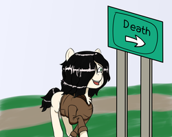 Size: 1280x1024 | Tagged: safe, artist:crabs_of_steam, oc, oc only, oc:floor bored, earth pony, pony, clothes, crying, death, drawthread, female, mare, sign, smiling, solo, suicidal, this will end in death