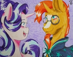 Size: 3692x2865 | Tagged: safe, artist:kenishra, starlight glimmer, sunburst, pony, unicorn, g4, best friends, blushing, cape, clothes, facial hair, glasses, goatee, high res, male, open mouth, smiling, stallion, traditional art