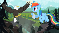 Size: 1280x720 | Tagged: safe, screencap, rainbow dash, bald eagle, eagle, pegasus, pony, g4, may the best pet win, season 2, animal, duo, female, flying, ghastly gorge, gorge, handkerchief, mare, spread wings, wings
