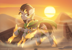 Size: 1501x1030 | Tagged: safe, artist:redchetgreen, oc, oc only, oc:iratus arcana, pony, unicorn, armor, cape, clothes, desert, facial hair, goatee, male, sand, solo, sunrise, warrior, ych result