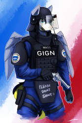 Size: 2000x3000 | Tagged: safe, artist:gasmaskfox, oc, oc only, oc:wass, pegasus, anthro, blonde hair, french, gign, grey fur, gun, handgun, helmet, high res, lardex: the destroyer of buffets, male, manurhin, police, rainbow six siege, revolver, rook, solo, stallion, swat, visor, weapon