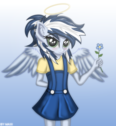 Size: 1764x1907 | Tagged: safe, artist:maxiclouds, oc, oc only, oc:maxi, pegasus, anthro, arm behind back, blushing, clothes, cute, denim, denim skirt, dress, female, filly, flower, gradient background, halo, looking at you, nimbus, ocbetes, shirt, skirt, smiling, solo, wings