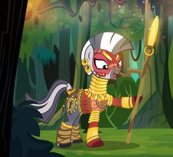 Size: 1000x908 | Tagged: safe, artist:pixelkitties, zecora, pony, zebra, g4, african, armor, black panther, dark ages, dora milaje, ear piercing, earring, female, jewelry, marvel, neck rings, open mouth, piercing, ring, solo, spear, weapon