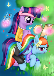 Size: 2480x3507 | Tagged: safe, artist:twidasher, rainbow dash, twilight sparkle, pegasus, pony, unicorn, g4, alternate hairstyle, clipboard, clothes, duo, exercise, female, glowing horn, high res, horn, lesbian, magic, mare, quill, ship:twidash, shipping, smiling, stopwatch, telekinesis, unicorn twilight