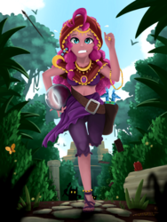 Size: 1536x2048 | Tagged: safe, artist:qzygugu, pinkie pie, human, equestria girls, g4, clothes, costume, crystal ball, female, gypsy pie, jungle, midriff, running, sandals, spear, temple, weapon