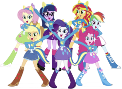 Size: 1621x1189 | Tagged: safe, editor:php77, applejack, fluttershy, pinkie pie, rainbow dash, rarity, sci-twi, sunset shimmer, twilight sparkle, alicorn, human, equestria girls, g4, clothes, female, humane five, humane seven, humane six, simple background, transparent background, twilight sparkle (alicorn), wondercolt ears, wondercolts, wondercolts uniform