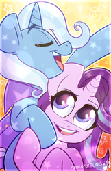 Size: 2100x3245 | Tagged: safe, artist:annakitsun3, starlight glimmer, trixie, pony, unicorn, g4, cute, duo, ear fluff, eyes closed, female, high res, mare, open mouth, smiling, stars