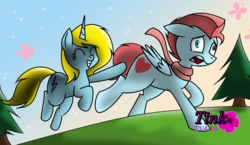 Size: 1132x658 | Tagged: safe, artist:pencil bolt, oc, oc:betterry, oc:boomber light, butterfly, pegasus, pony, unicorn, pony town, escape, everfree forest, female, grass, landing, male, run, running, screaming, smiling, sparkles, stars, touching, tree