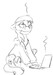 Size: 1000x1414 | Tagged: safe, artist:silfoe, oc, oc only, oc:silfoe, earth pony, pony, black and white, clothes, computer, derp, description is relevant, female, glasses, grayscale, laptop computer, mare, monochrome, simple background, sitting, smoke, solo, white background