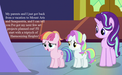 Size: 1024x625 | Tagged: safe, edit, edited screencap, editor:korora, screencap, coconut cream, starlight glimmer, toola roola, fame and misfortune, g4, surf and/or turf, cropped, text, toola roola will be painting away, twilight's castle
