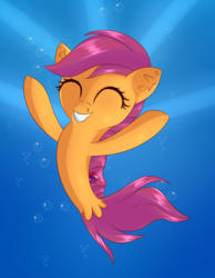 Size: 1203x1550 | Tagged: safe, artist:brok-enwings, scootaloo, pegasus, pony, seapony (g4), g4, surf and/or turf, bubble, cute, cutealoo, digital art, dorsal fin, eyes closed, female, fin, flowing mane, flowing tail, grin, happy, ocean, seaponified, seapony scootaloo, smiling, solo, species swap, tail, teeth, underwater, water
