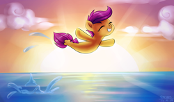 Size: 1700x1000 | Tagged: safe, artist:tcn1205, scootaloo, seapony (g4), g4, surf and/or turf, breach, cute, cutealoo, eyes closed, female, jumping, ocean, seaponified, seapony scootaloo, smiling, solo, species swap, sunset, that pony sure does love being a seapony