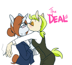 Size: 635x578 | Tagged: safe, artist:redxbacon, oc, oc only, oc:diamond gavel, oc:golden keylime, unicorn, anthro, blushing, business suit, clothes, eyeliner, eyes closed, female, glasses, kissing, lesbian, makeup, smoking