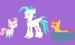 Size: 580x352 | Tagged: safe, artist:agrol, scootaloo, sweetie belle, terramar, classical hippogriff, hippogriff, pony, seapony (g4), unicorn, g4, season 8, surf and/or turf, amused, animated, bathtub, female, filly, gif, jewelry, lineless, male, necklace, no pupils, pointy ponies, purple background, seaponified, seapony scootaloo, simple background, species swap, sweetie belle is not amused, that pony sure does love being a seapony, unamused