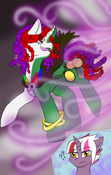 Size: 2412x3788 | Tagged: safe, artist:jolliapplegirl, oc, oc:hazy sky, oc:witch doctor, pony, unicorn, adopted offspring, colt, fangs, female, foal, high res, male, mare, mist, next generation, parent:twilight sparkle, smoke, story included