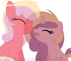 Size: 1313x1123 | Tagged: safe, artist:ipandacakes, oc, oc only, oc:ambrosia, oc:gala blossom, earth pony, ghost, pony, unicorn, female, mare, nuzzling, offspring, parent:big macintosh, parent:cheerilee, parent:sugar belle, parents:cheerimac, parents:sugarmac, simple background, transparent background