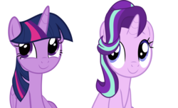 Size: 1024x624 | Tagged: safe, artist:themixelfan, starlight glimmer, twilight sparkle, alicorn, pony, unicorn, fame and misfortune, g4, cute, duo, female, glimmerbetes, mare, simple background, sitting, transparent background, twiabetes, twilight sparkle (alicorn), vector