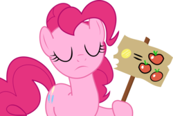 Size: 1024x685 | Tagged: safe, artist:themixelfan, pinkie pie, earth pony, pony, g4, putting your hoof down, apple, bit, coin, female, food, hoof hold, sign, simple background, solo, transparent background, vector