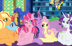 Size: 2507x1615 | Tagged: safe, artist:tejedora, applejack, discord, fluttershy, pinkie pie, princess luna, rainbow dash, rarity, spike, sunset shimmer, twilight sparkle, alicorn, pony, g4, alternate hairstyle, crying, cuddling, eyes closed, female, lesbian, lunashimmerlight, magical lesbian spawn, male, mane seven, mane six, offspring, one eye closed, parent:princess luna, parent:twilight sparkle, parents:twiluna, pregnant, rainbow power, ship:appledash, ship:sparity, ship:sunsetsparkle, ship:twiluna, shipping, straight, tears of joy, twilight sparkle (alicorn)