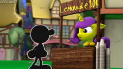 Size: 3840x2160 | Tagged: safe, artist:goatcanon, oc, oc:lemontwist, 3d, crossover, duo, food, high res, lemon, lemonade stand, mr. game & watch, ponyville, source filmmaker, text