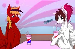 Size: 1280x835 | Tagged: safe, artist:sunny way, artist:twotail813, oc, oc only, oc:gear, oc:sunny way, pegasus, pony, rcf community, cafe, collaboration, cute, cyrillic, female, male, mare, milkshake, russian, stallion, table, wings
