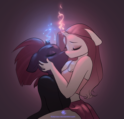 Size: 2117x2029 | Tagged: safe, artist:katputze, tempest shadow, oc, oc:crimson sunset, pony, unicorn, anthro, g4, my little pony: the movie, anthro oc, canon x oc, clothes, duo, eyes closed, female, high res, holding head, kiss on the lips, kissing, lesbian, mare, tank top