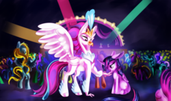 Size: 2127x1260 | Tagged: safe, artist:nattyvelvet, queen novo, twilight sparkle, alicorn, classical hippogriff, hippogriff, pony, g4, my little pony: the movie, caress, crowd, crying, female, forgiveness, friendship festival, mare, petting, remorse, sad, smiling, spread wings, twilight sparkle (alicorn), wings