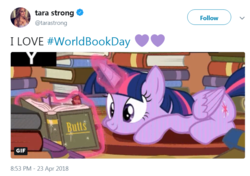 Size: 745x524 | Tagged: safe, edit, edited screencap, screencap, twilight sparkle, alicorn, pony, g4, pinkie apple pie, book, butts, cute, female, magic, mare, meta, prone, reading, smiling, solo, tara strong, telekinesis, text, that pony sure does love books, tv-y, twilight sparkle (alicorn), twitter