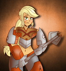 Size: 2780x3000 | Tagged: safe, artist:scobionicle99, applejack, equestria girls, g4, armor, belly button, bionicle, clothes, cosplay, costume, female, high res, lego, midriff, pohatu, solo, unconvincing armor