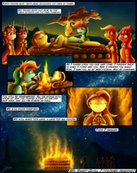 Size: 1935x2449 | Tagged: safe, artist:jamescorck, applejack, chancellor puddinghead, clover the clever, commander hurricane, fluttershy, pinkie pie, princess platinum, private pansy, rainbow dash, rarity, smart cookie, twilight sparkle, pony, comic:i will never leave you, g4, comic, death, fire, funeral pyre, mane six, mouth hold, night, torch