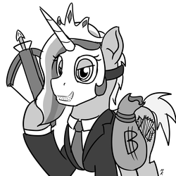 Size: 1280x1280 | Tagged: safe, artist:mkogwheel, pony, 30 minute art challenge, bag, bank robbery, bits, covered cutie mark, crossbow, mask, money bag, monochrome, payday 2, point break, robbery, simple background, solo, weapon, white background