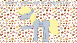 Size: 2560x1440 | Tagged: safe, artist:mettarathefabulous, derpy hooves, g4, candy, food, smiling, text