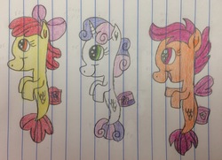 Size: 3145x2272 | Tagged: safe, artist:smurfettyblue, derpibooru exclusive, apple bloom, scootaloo, sweetie belle, seapony (g4), g4, surf and/or turf, cutie mark crusaders, high res, lined paper, sea-mcs, seaponified, seapony apple bloom, seapony scootaloo, seapony sweetie belle, species swap, traditional art