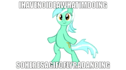 Size: 480x268 | Tagged: safe, artist:mlpmemes-and-mlpthings-123, lyra heartstrings, g4, animated, bipedal, dancing, female, gif, image macro, meme, non-looping gif, text