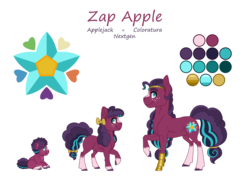 Size: 3500x2500 | Tagged: safe, artist:jackiebloom, oc, oc only, oc:zap apple, earth pony, pony, age progression, amputee, baby, baby pony, blaze (coat marking), coat markings, facial markings, female, filly, foal, high res, magical lesbian spawn, mare, offspring, parent:applejack, parent:coloratura, parents:rarajack, prosthetic leg, prosthetic limb, prosthetics, raised hoof, reference sheet, simple background, socks (coat markings), solo, transparent background