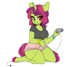 Size: 1213x1127 | Tagged: safe, artist:8-bitwitch, oc, oc only, oc:arcade fever, unicorn, anthro, bracelet, breasts, cleavage, clothes, controller, hoof polish, intersex, jewelry, shorts, sitting, solo